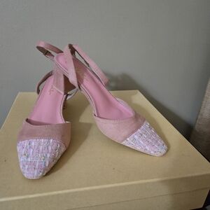 Lulu's Lelaya Pink Boucle Ankle Strap Pointed Toe Pump Size 9